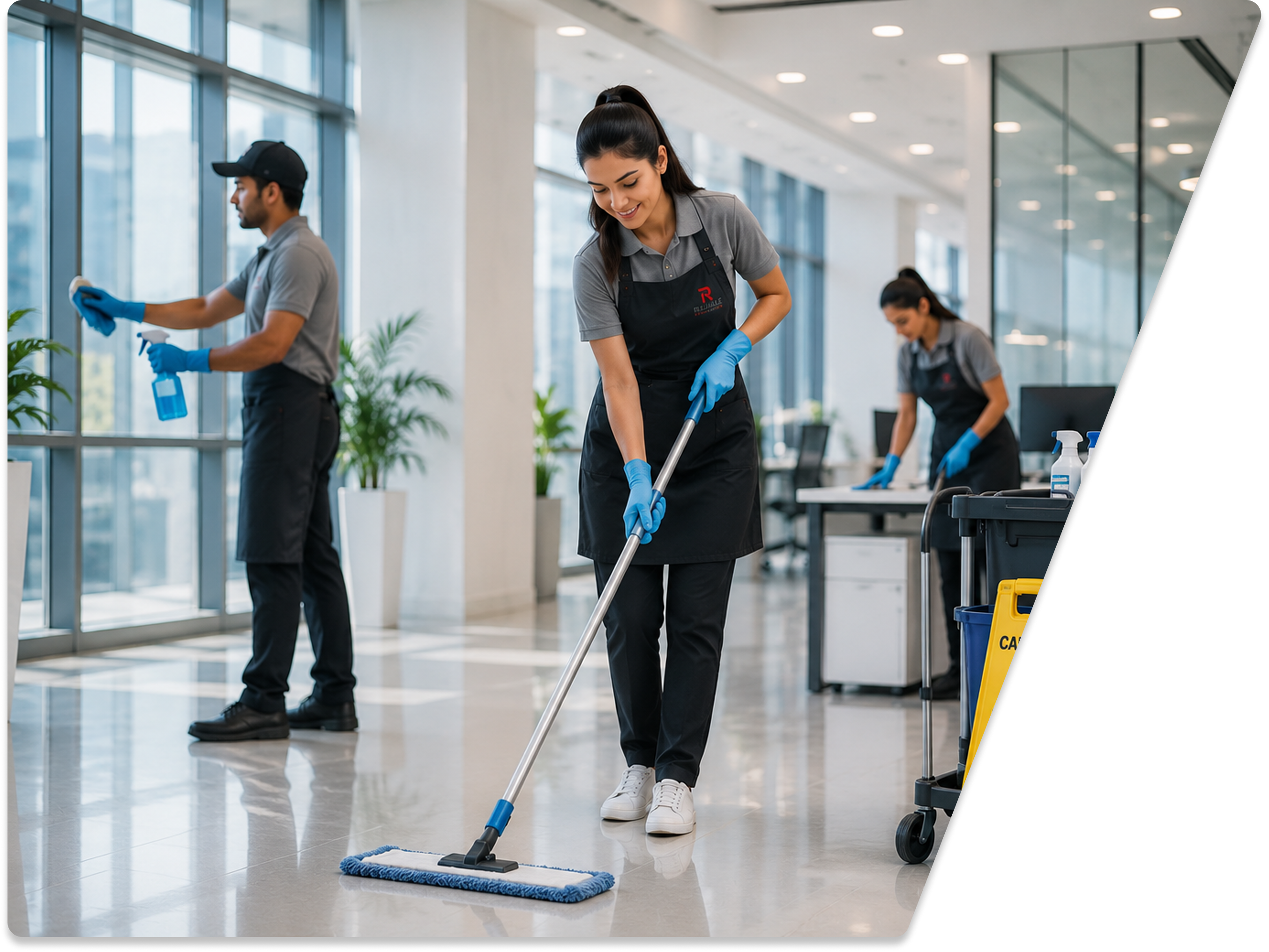 Professional cleaning team at work in a modern office